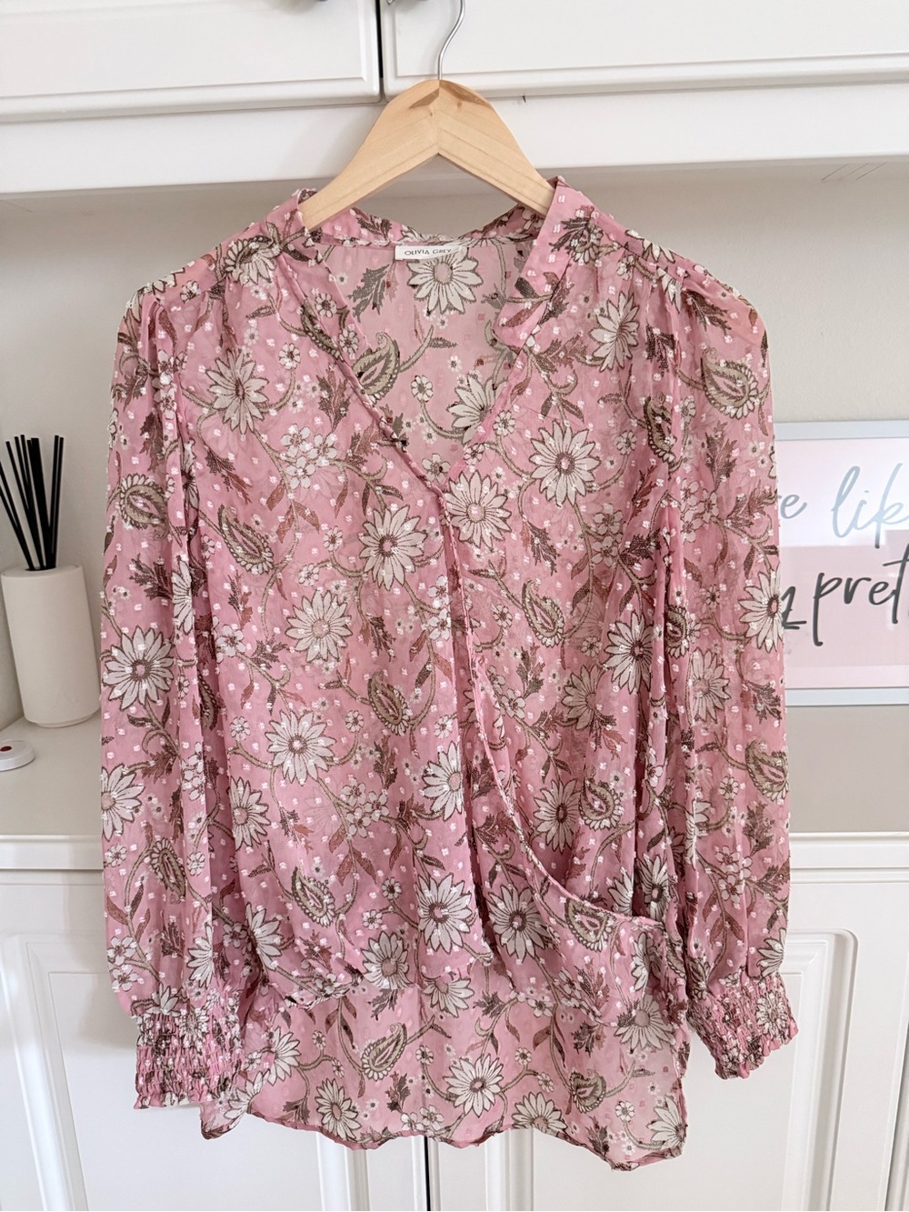 Olivia Grey Pink Floral V-Neck Long Sleeve Blouse
